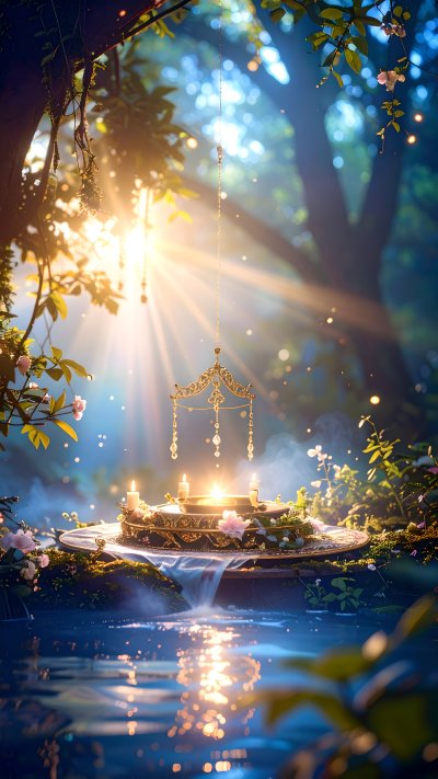 Magical forest ritual with golden chandelier, candles, and waterfall