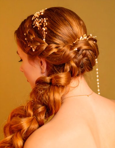 Ethereal Braided Hairstyle with Pearls and Gold
