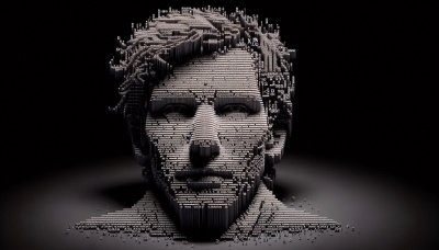 Human head made of text characters and data on dark background