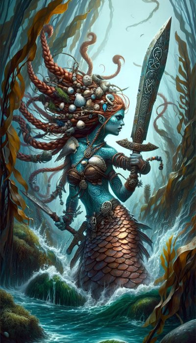 Mermaid warrior with braided hair wielding a sword in crashing waves