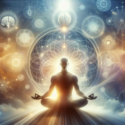 Meditating person radiating light with cosmic and geometric patterns
