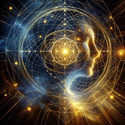 Golden face profile with sacred geometry and cosmic patterns