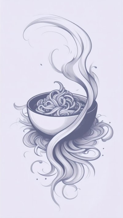 Stylized monochromatic steaming noodles with dynamic swirls
