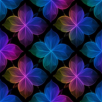 Seamless pattern glowing rainbow translucent floral shapes black ba...