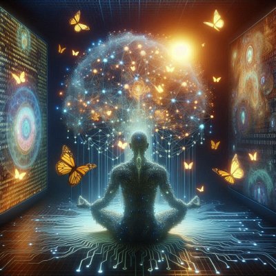 Meditating figure digital brain network circuit floor butterflies