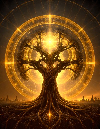 Golden Tree of Life radiating energy in celestial circular gateway