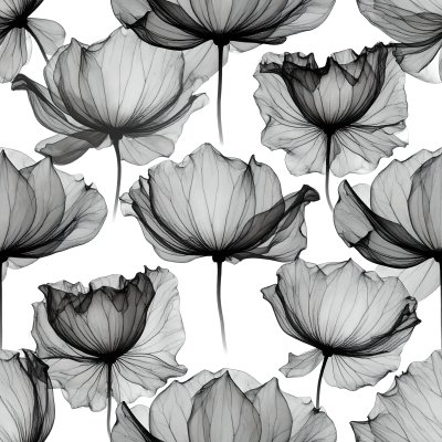 Seamless black & white transparent flower pattern on white background