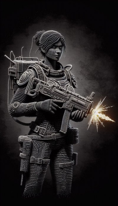 Futuristic soldier in robotic armor firing weapon on dark background