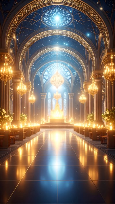 Grand opulent hall interior with starry sky and glowing altar