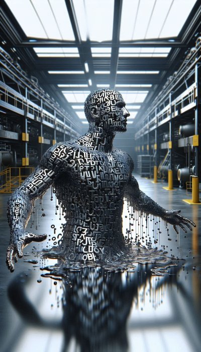 Metallic figure of letters dissolving in industrial setting, info & tr