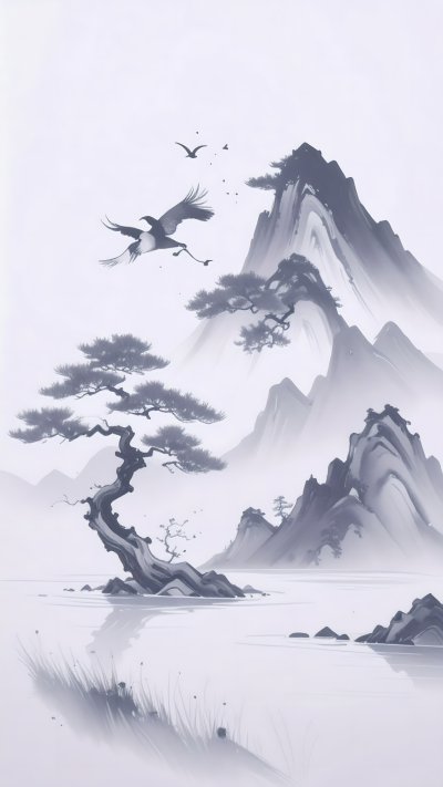 Asian ink wash landscape w/ pine tree, mountains, water, flying crane