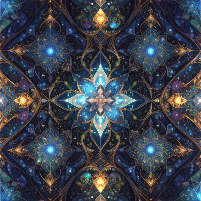 Intricate glowing blue and gold symmetrical spiritual mandala pattern