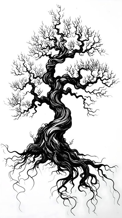 Stark twisted bare tree illustration with gnarled roots in ink.