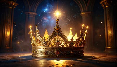 Regal gold crown shining with celestial light on dark backdrop