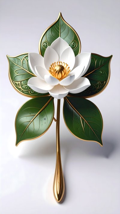 Stylized white lotus flower with golden center and green leaves