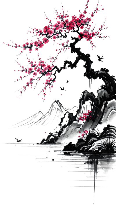 Japanese ink painting: pink plum blossom tree, mountains, water, birds