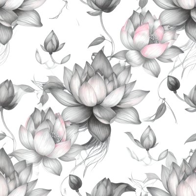 Seamless floral pattern with gray and pink lotus flowers and buds.