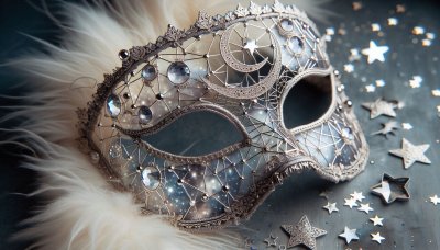 Ornate silver mask with gems, moon, stars, and feathers