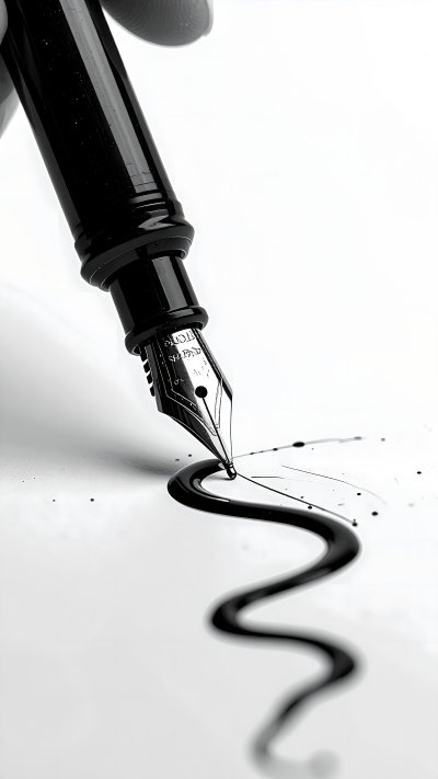 Close-up hand with fountain pen writing black ink line on paper