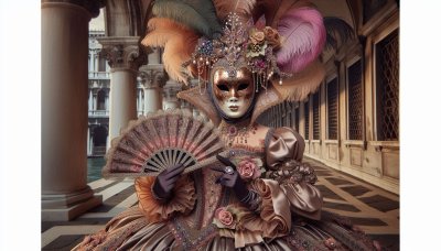 Venetian carnival costume and mask with fan in front of canal