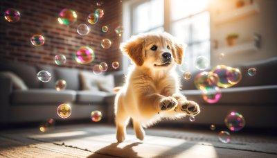 Happy puppy jumping through colorful bubbles in sunlit room