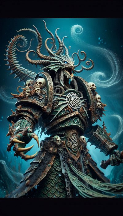 Deep sea warrior in ornate skull armor with underwater backdrop