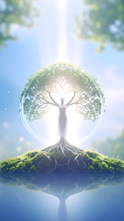 Spiritual figure as vibrant tree reflected in water, sunlight