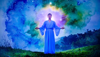 Man meditates in cosmic landscape, serenity and discovery