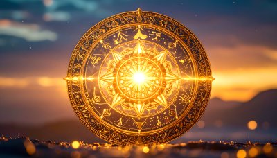 Mystical golden astrolabe with sunburst, set against a cosmic sky