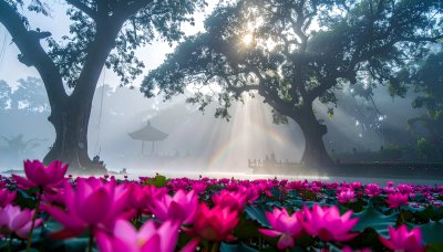 Rainbow over lotus pond and pagoda at sunrise