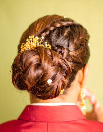 Elegant braided updo with golden hair accessories