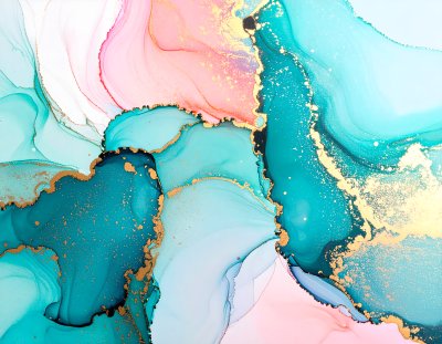 Ethereal fluid art in teal, pink, and gold, sparking wonder