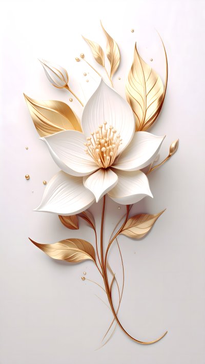 White flower with golden leaves illustration on light background