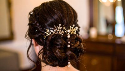 Bridal updo with braids and pearl hairpiece