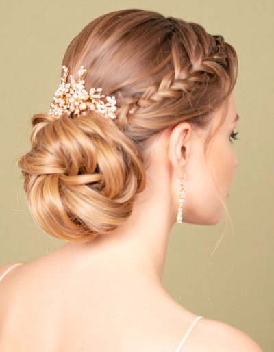 Elegant bride with intricate updo and sparkling hairpiece