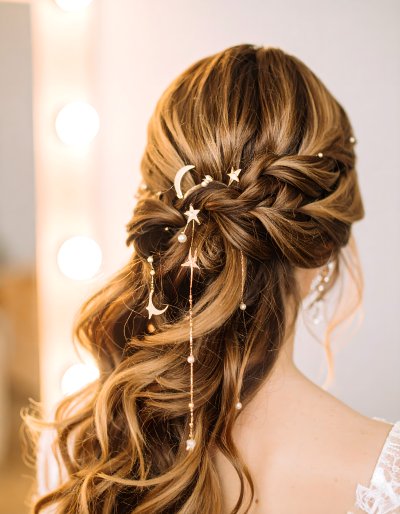 Magical celestial hairpins in braided hairstyle
