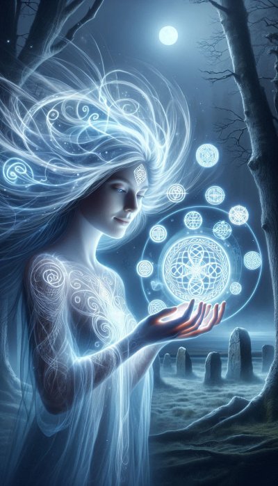 Ethereal woman, glowing symbols & orbs in moonlit stone forest.