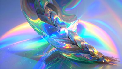 Iridescent braided strands with rainbow colors, abstract light art
