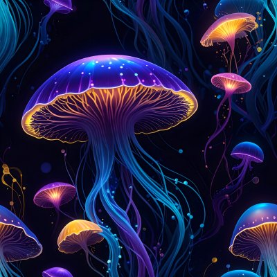 Glowing bioluminescent mushroom forms with tendrils on dark background