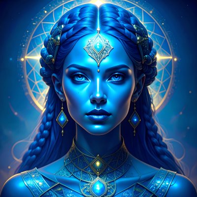 Mystical Blue Woman with Cosmic Aura, Evoking Wonder and Spirituality