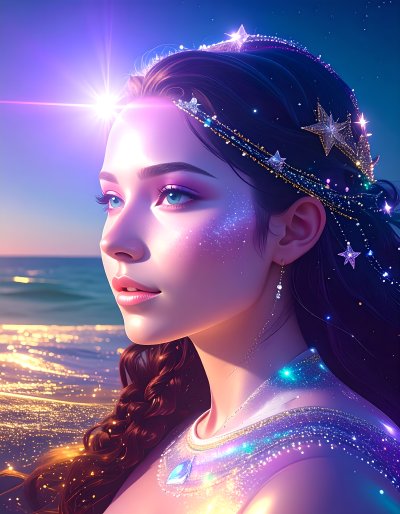 Jeweled maiden gazes at starlit sky and ocean