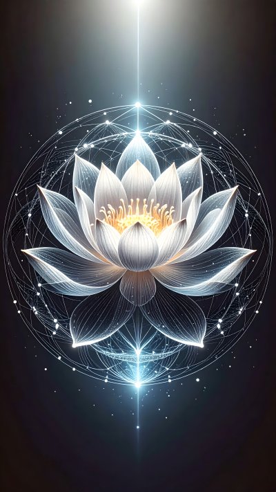 Glowing lotus flower in abstract geometric network on dark background