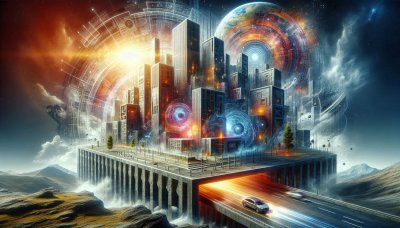 Futuristic Metropolis Bridge with Transport, Earth, and Energy Fields