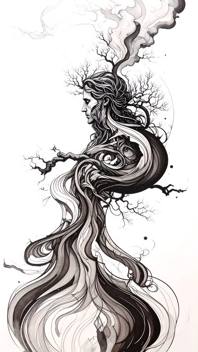 Mystical ink illustration of human figure merging with tree branches