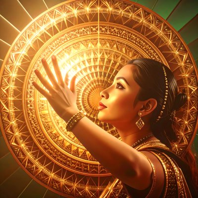 Woman reaching for golden light, ornate mandala, wonder.
