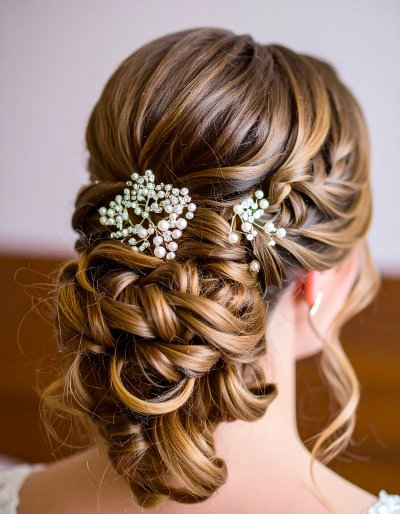 Elegant bridal updo with pearl and crystal hair accessories