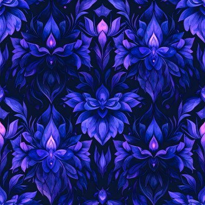 Seamless mystical dark blue purple floral botanical pattern