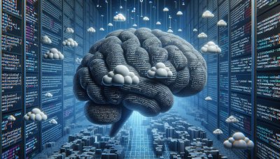 Digital brain connected to clouds, servers and code