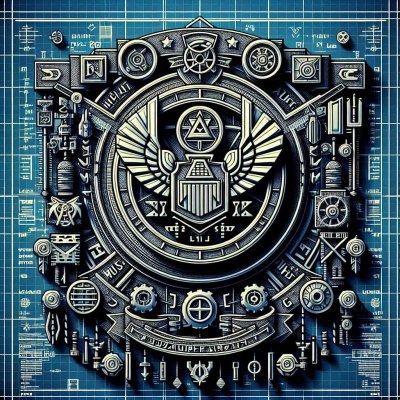Steampunk Emblem on Blueprint: Gears, Wings, Geometric Design