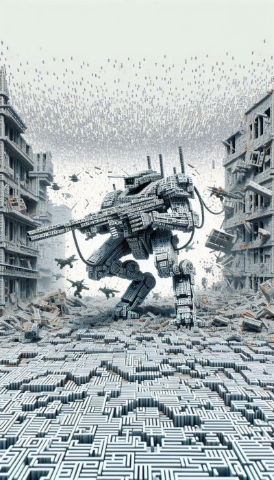 Digital mech in ruined data city with maze ground and flying drones